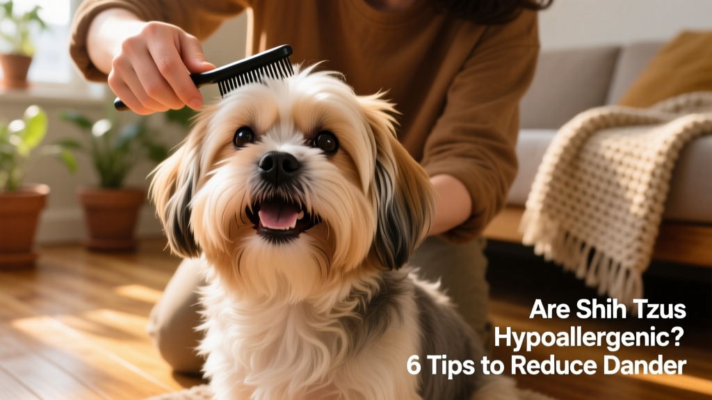 A smiling Shih Tzu sitting beside a person gently brushing its long, silky coat