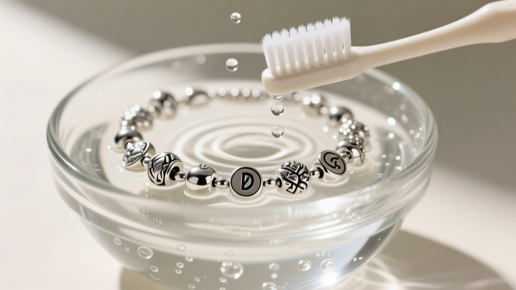 Close-up of a sterling silver charm bracelet gently brushed with a soft toothbrush in a small glass bowl of mild soapy water.