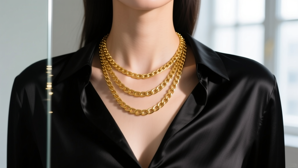 Mirror reflection of a collarbone showing a perfectly spaced three-layer gold chain necklace cascade over a black silk blouse.