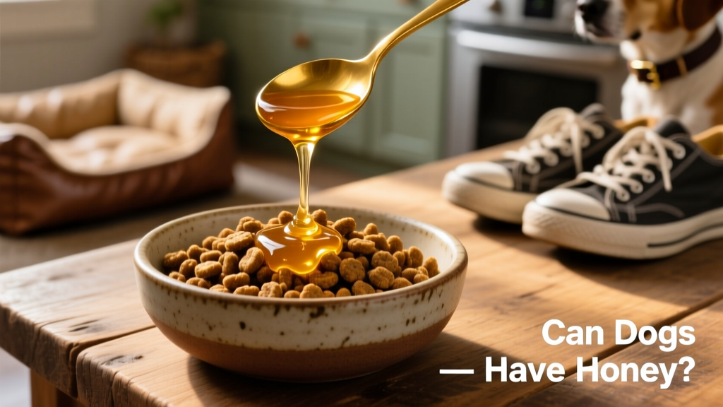 A golden spoonful of raw honey drizzled over kibble in a ceramic bowl