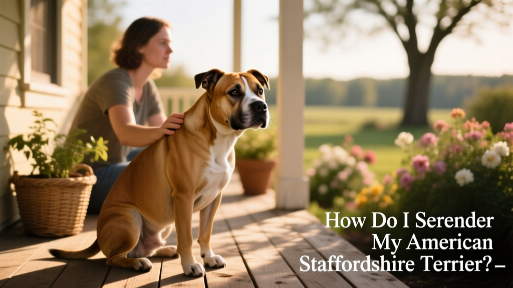 A calm, well-groomed American Staffordshire Terrier sitting beside a person on a sunlit porch