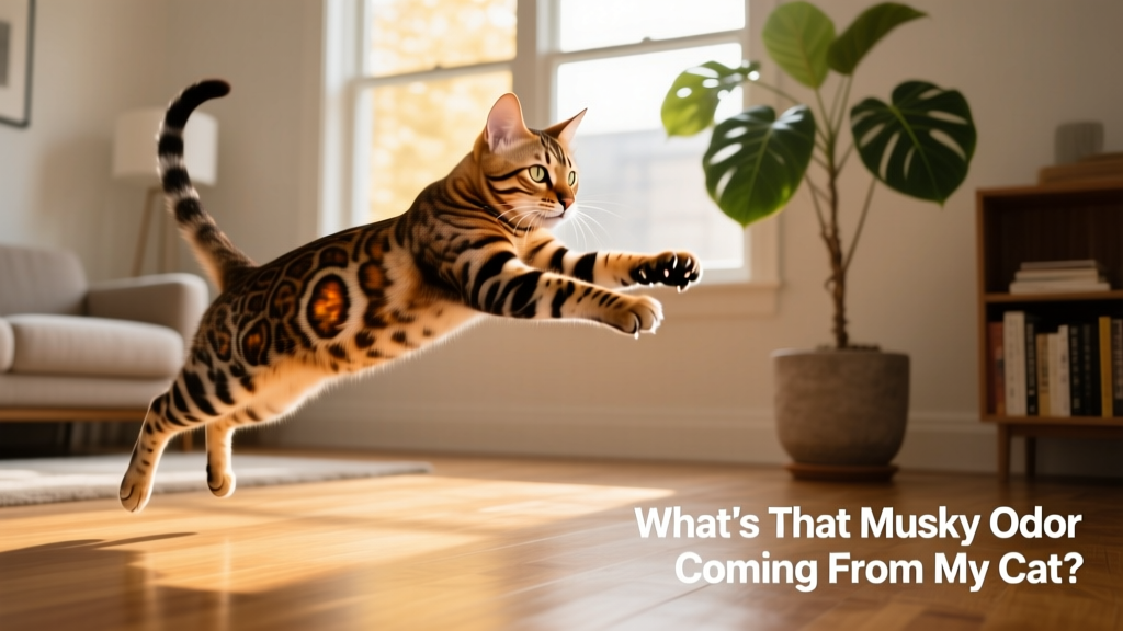 Indoor Bengal cat mid-play, pouncing with claws extended