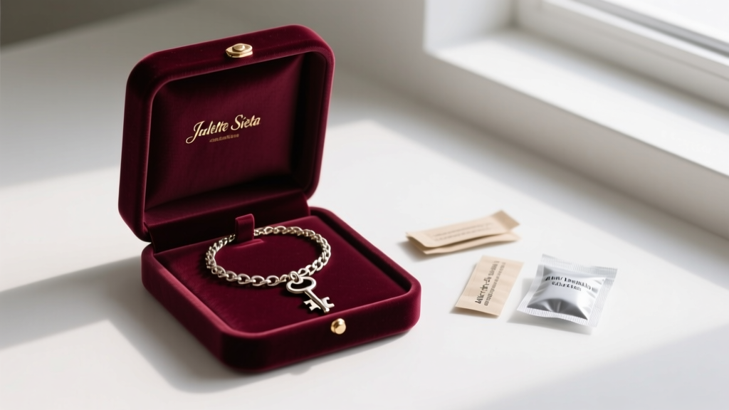 Velvet jewelry box displaying a Juliette Siesta key necklace coiled flat next to anti-tarnish strips and silica gel packets.
