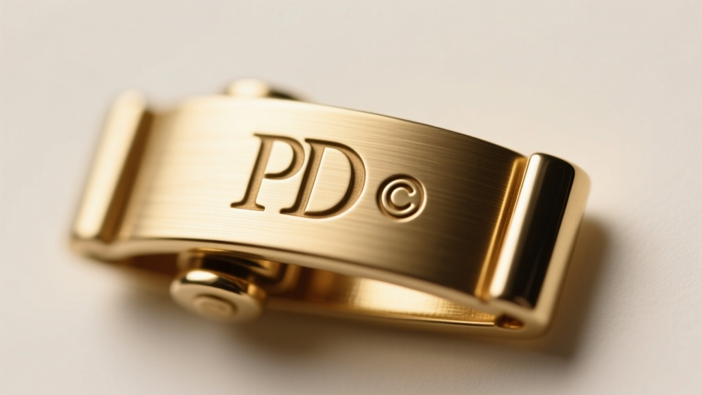 Macro shot of a vintage Premier Designs clasp showing the engraved PD logo and copyright symbol on brushed gold-tone metal