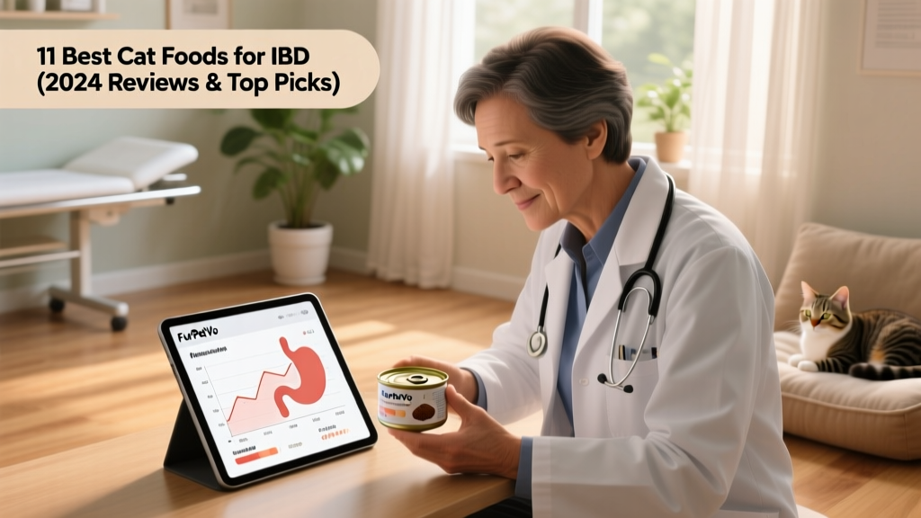 A veterinarian reviewing a FurPetVo Prescription i/d can alongside a digital chart showing feline digestive health metrics