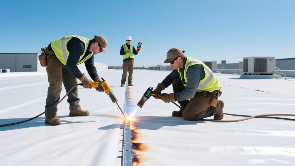 Commercial roofing crew hot-air welding a white 60-mil TPO membrane seam on a flat industrial roof under clear blue skies