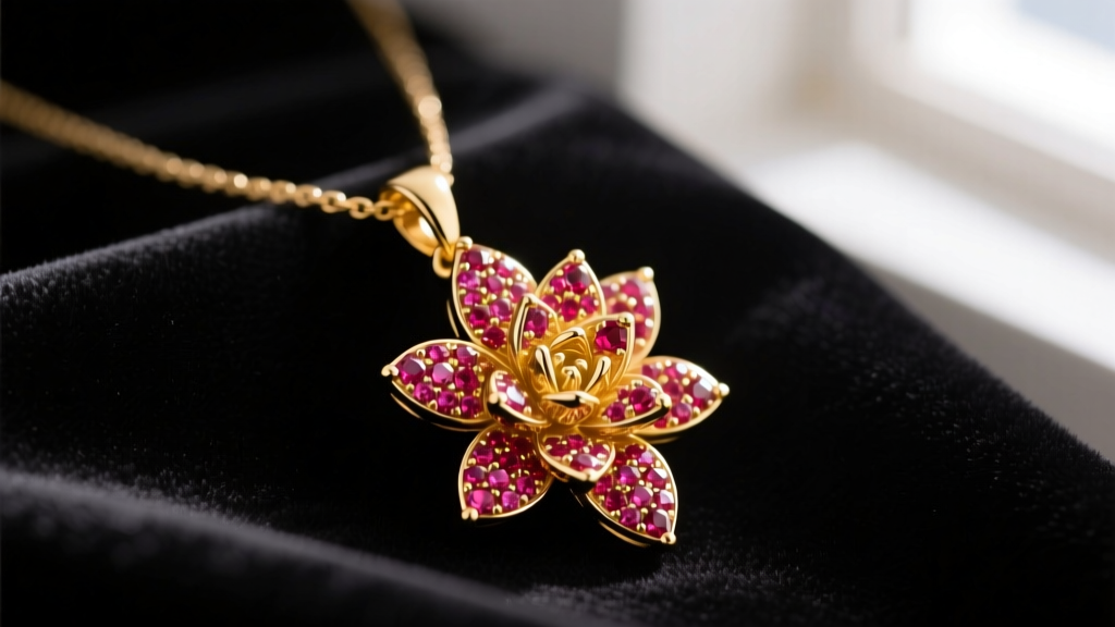 Macro photo of a 14k yellow gold succulent pendant necklace with micro-pavé lab-grown ruby leaves resting on dark velvet fabric