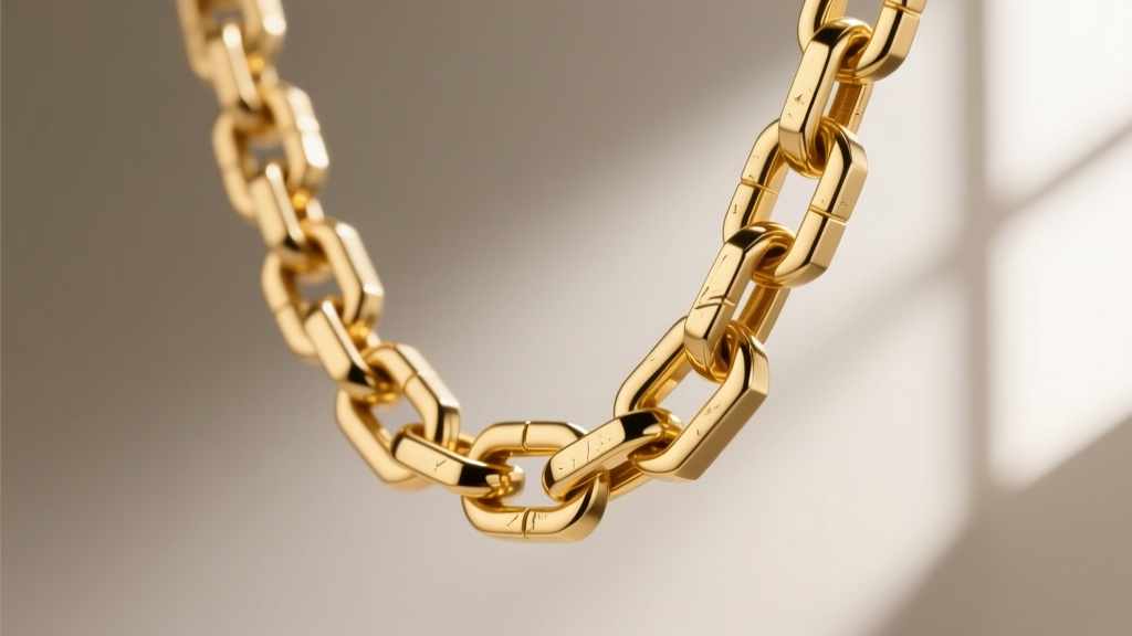 Technical diagram style photo of a 14k gold box chain bending at a 45-degree angle, revealing stress points on the square corners.