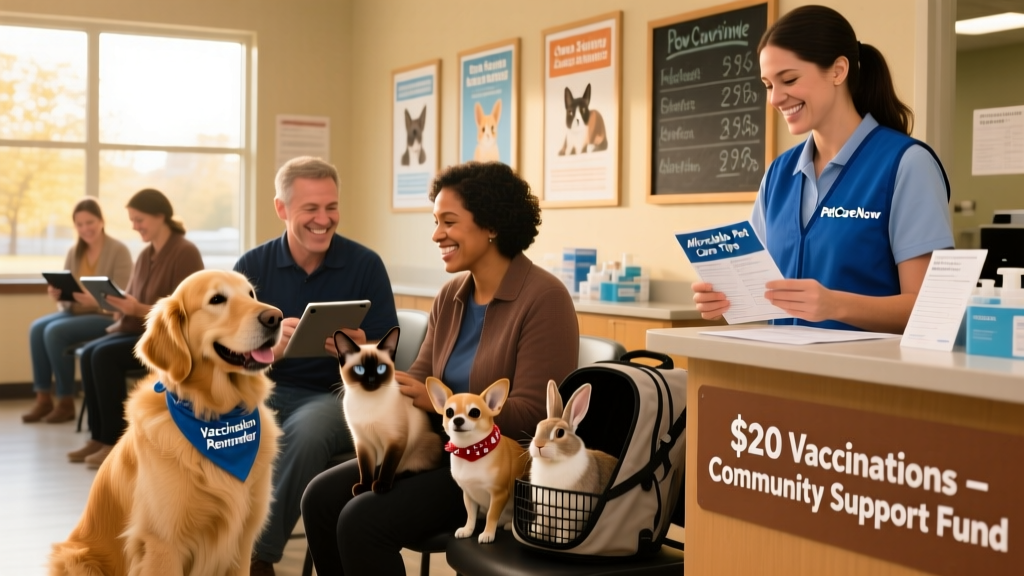 A community vaccination clinic with volunteers assisting pet owners and pets waiting in line