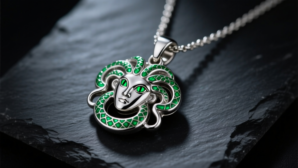 Close-up of a silver and green enamel Dr Stone Medusa necklace pendant resting on dark slate, moody cinematic studio lighting.