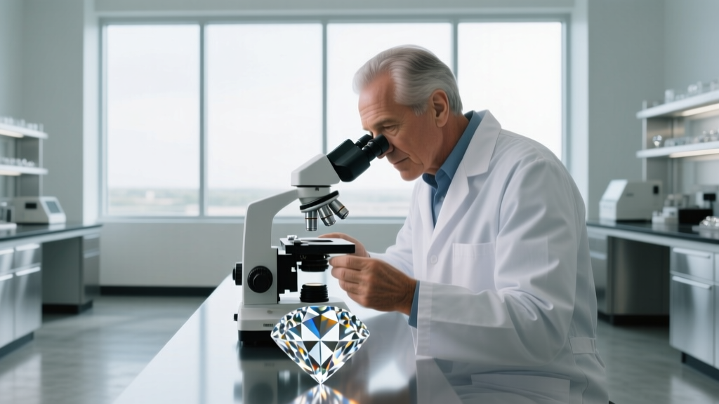 Jeweler inspecting the pavilion facets of a loose diamond under a microscope in a brightly lit Houston gemological laboratory