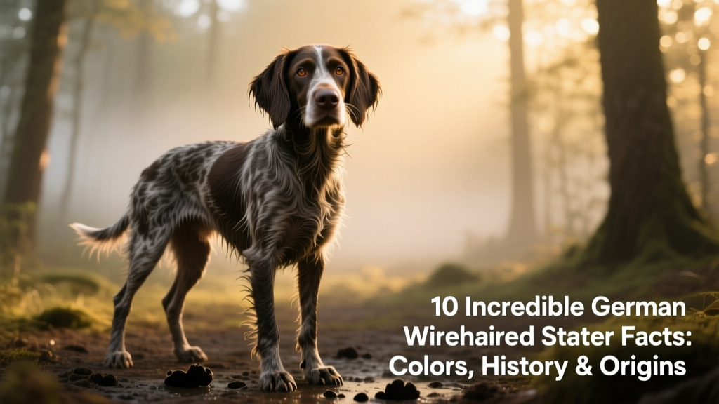 German Wirehaired Pointer standing alert in a forest clearing, showcasing its dense, weather-resistant coat and expressive eyes