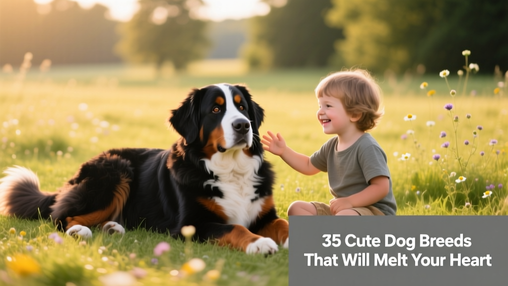 A relaxed Bernese Mountain Dog resting beside a child, showcasing its rich tri-color coat, gentle oval eyes, and fluffy tail