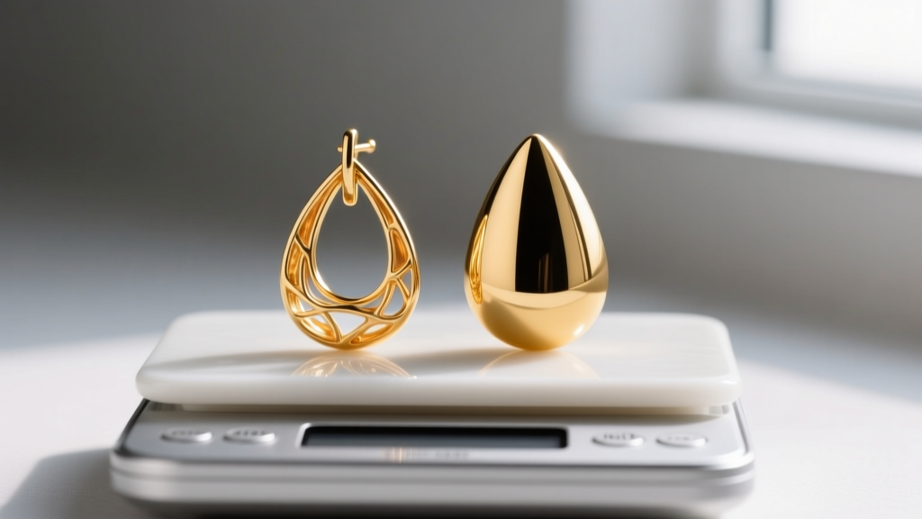 A hollow electroformed gold teardrop and a solid cast gold teardrop earring resting side-by-side on a digital jewelry scale.