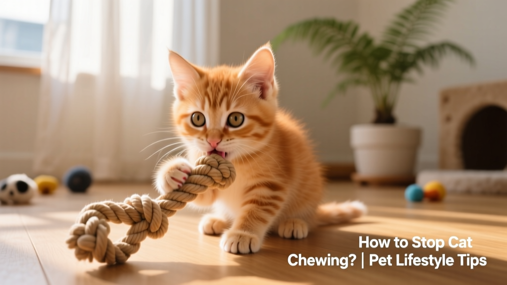 A curious kitten gently chewing on a soft, safe chew toy