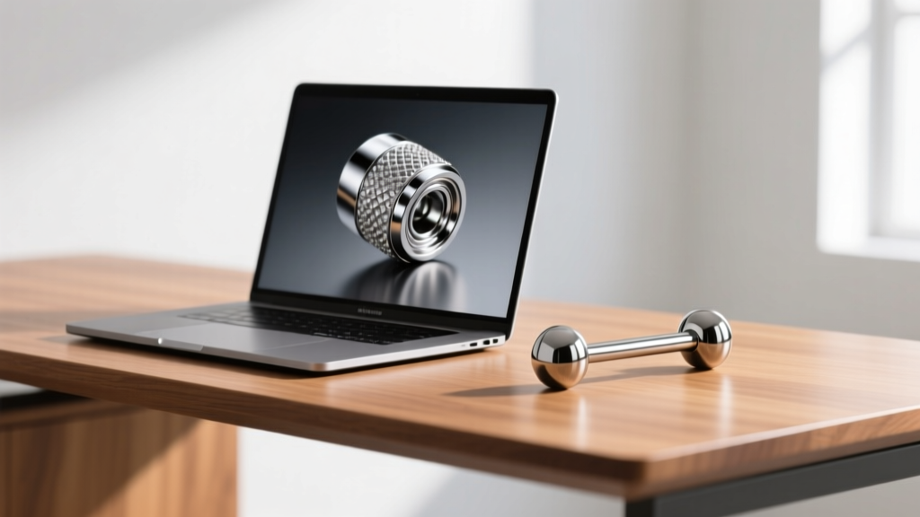 A laptop showing a jewelry filter for implant-grade titanium, placed next to a polished titanium barbell on a wooden desk.