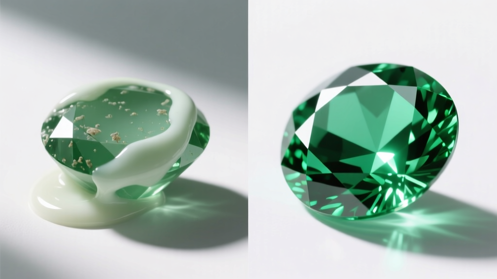 Split-screen showing a dull lotion-coated lab-grown emerald next to a brilliantly clean one treated with a lipase-based soak