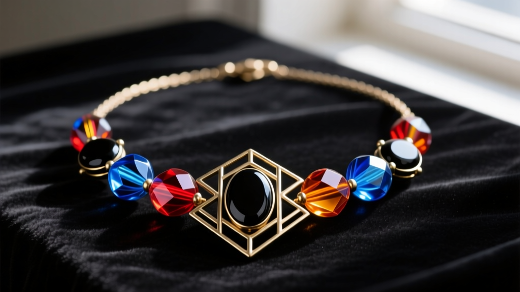 Close-up of a geometric 1920s art deco glass necklace with black onyx and vibrant Czech molded glass beads on dark velvet.