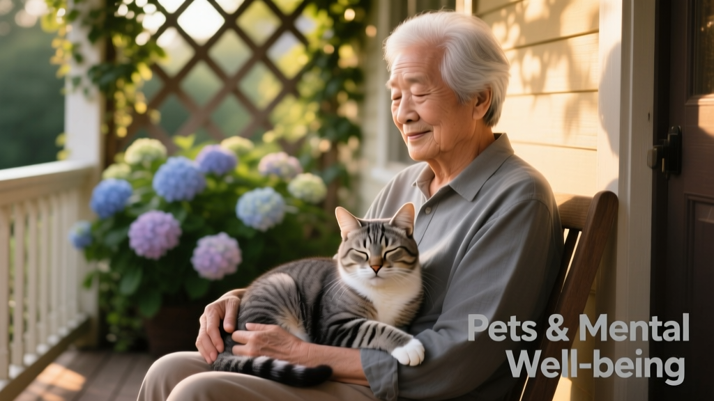 A senior adult sitting peacefully on a porch with a gentle senior cat curled in their lap, both bathed in soft afternoon light