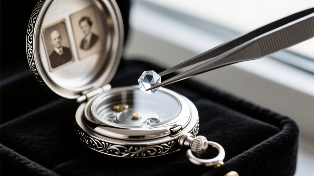 Precision tweezers setting a custom-cut 1.2mm watch crystal glass into the silver bezel of a restored open tomb locket.