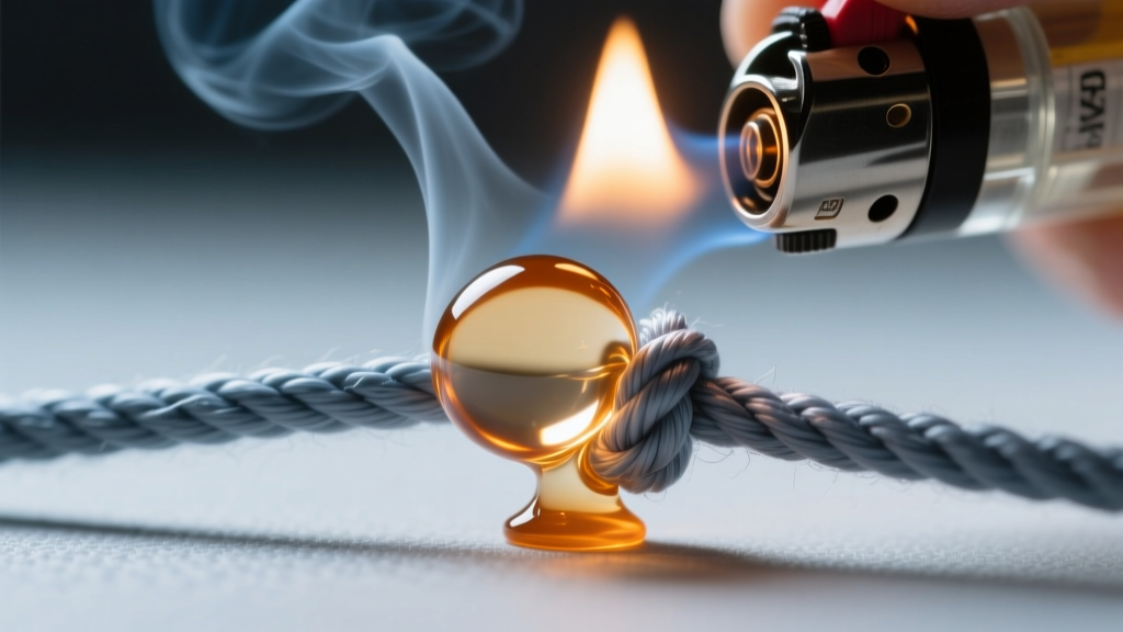 Extreme close-up of a butane lighter melting the tip of a synthetic nylon cord into a smooth, clear bead to secure a knot end