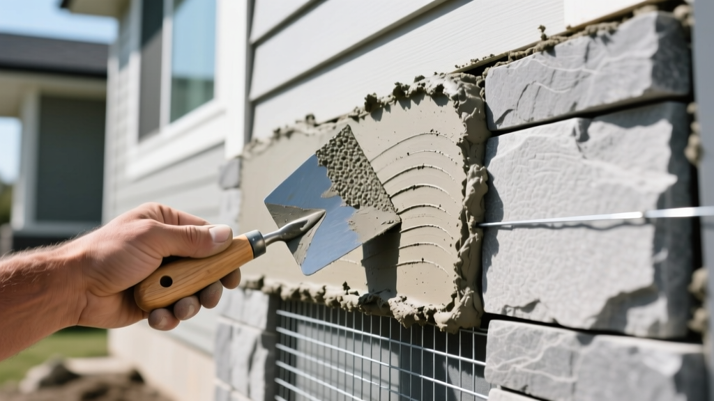 Close-up of a mason applying Type S mortar to install gray artificial veneer stone panels on an exterior home facade with metal lath visible