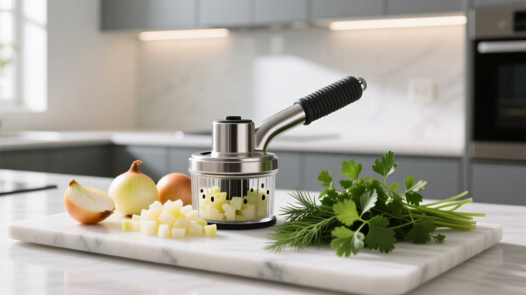 A compact manual pull-cord vegetable chopper resting on a cutting board next to diced onions and fresh herbs in a small apartment.