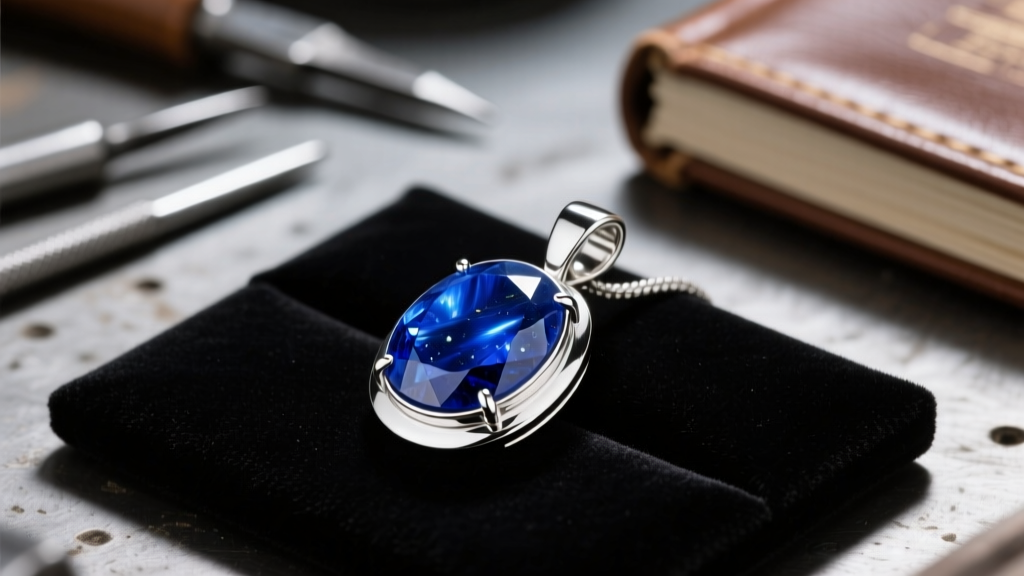 Jeweler workbench showing a blue sodalite stone set into a rhodium-plated sterling silver pendant under bright studio lighting.