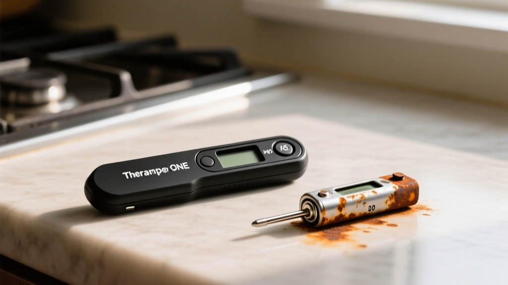 Corroded battery contacts of a cheap thermometer beside the sealed IP67 waterproof door of a Thermapen ONE on a kitchen counter