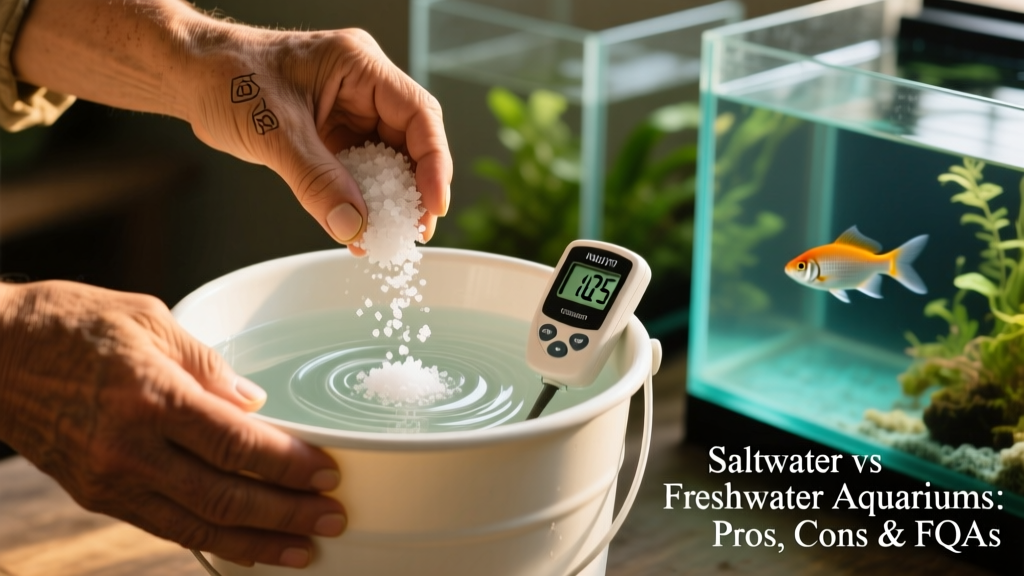 Close-up of hands adding marine salt mix to a clean bucket of RO/DI water, with a digital salinity meter nearby showing 1.025 specific gravity