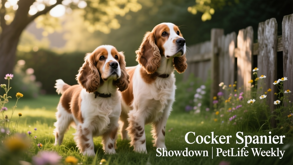 Side-by-side photo showing an American Cocker Spaniel and an English Cocker Spaniel standing together, highlighting subtle differences in size and head shape