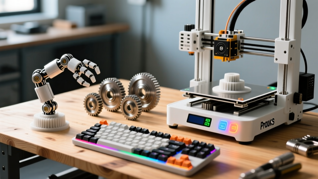A maker workbench displaying a 3D printed robotic gripper, custom macro pad, and planetary gears next to a Prusa MK4S printer.
