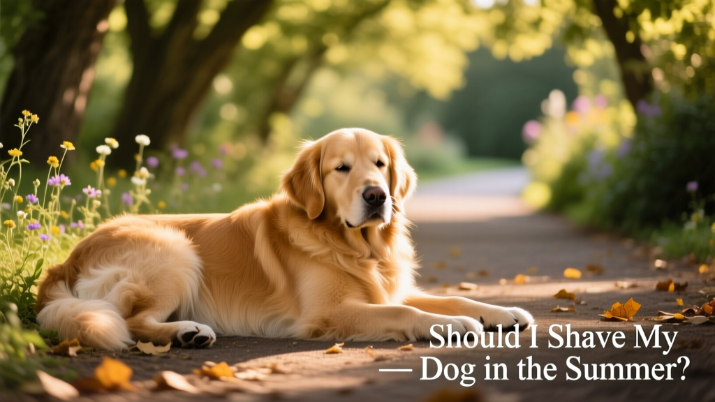 A golden retriever lying comfortably in dappled shade on a sunny day, showing a healthy, well-groomed double coat