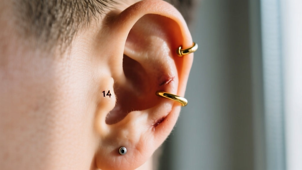 Profile of an ear showing a healed 14-gauge helix piercing with a gold clicker hoop, highlighting the upper cartilage curvature.