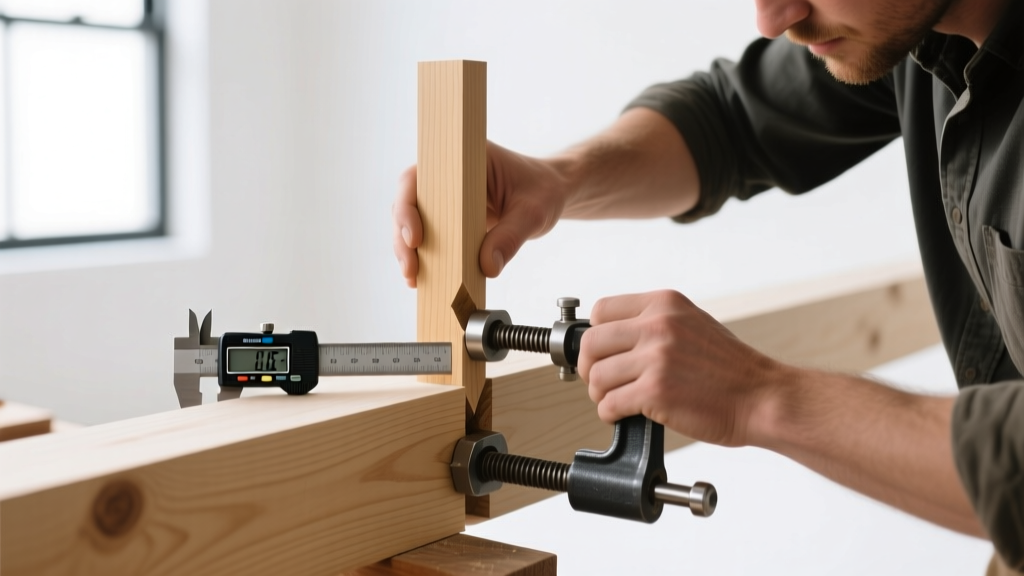 Craftsman aligning a precision-cut mortise and tenon joint on white oak timber using a digital angle gauge and heavy-duty clamps