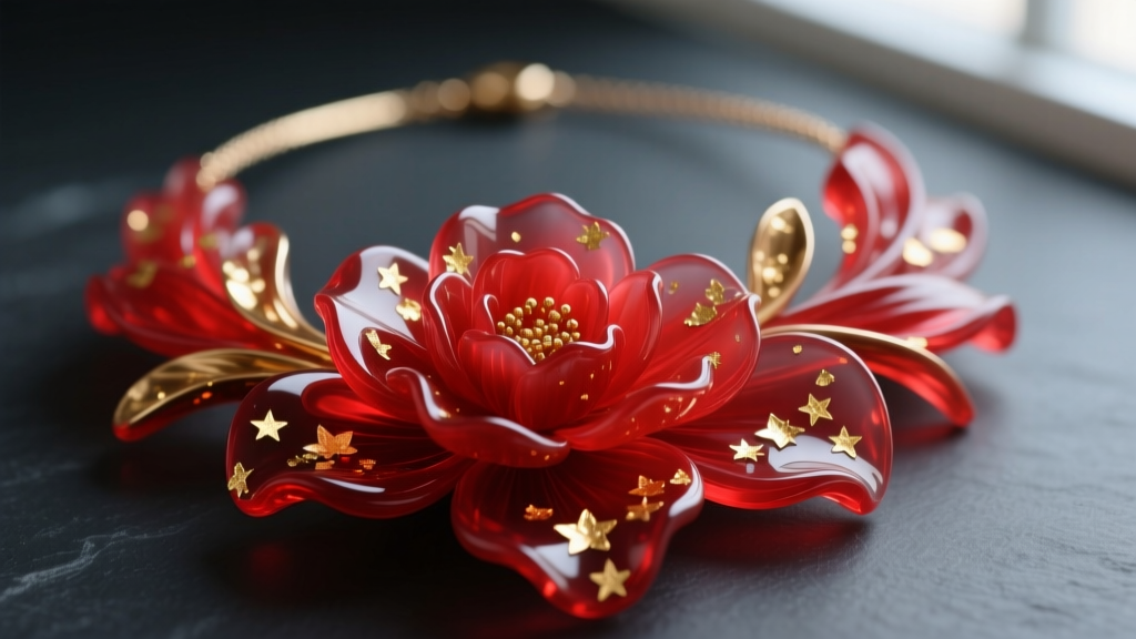 Macro shot of a chunky flower necklace made of translucent cherry-red UV-cured resin with gold leaf flakes on dark slate