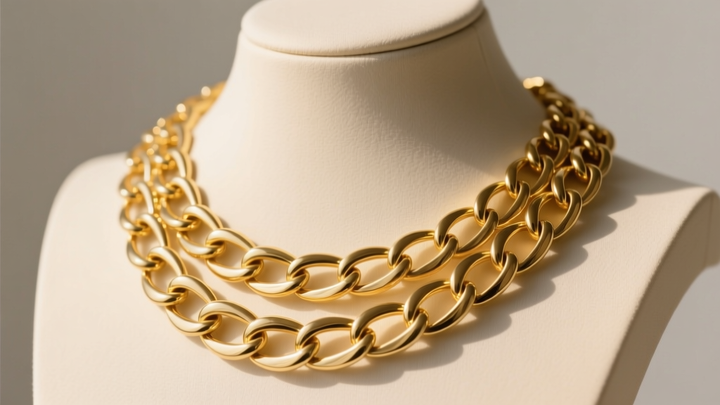 Close-up of a 24-inch 14k yellow gold matinee necklace on a mannequin, highlighting chain link thickness and natural metal drape.