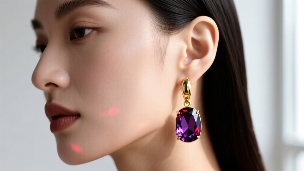 Close-up of 18k gold and deep Siberian amethyst drop earrings on a model, soft lighting catching red flashes in the purple gems.