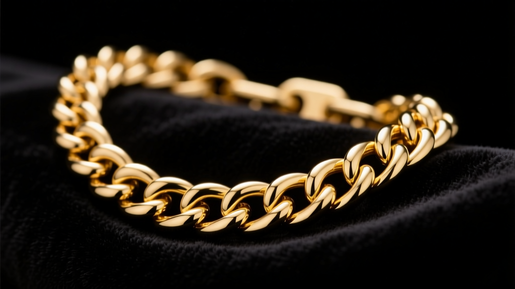 Close-up of a thick gold-plated Cuban link chain on dark velvet, lit by soft studio lighting to reveal intricate metal details.