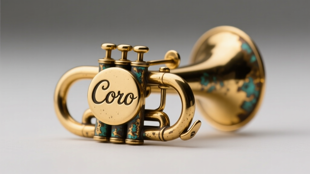 Macro shot showing the stamped Coro script hallmark and a patinated trombone clasp on the back of a gold-tone vintage earring.