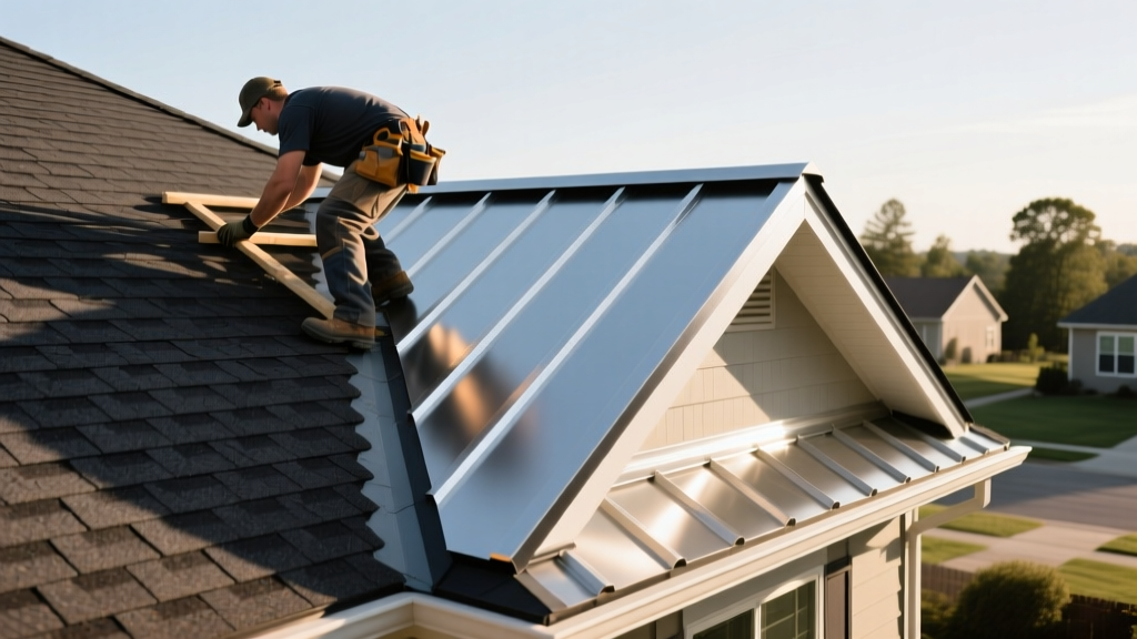 Contractor installing dark architectural asphalt shingles on the left and standing seam metal roofing panels on the right