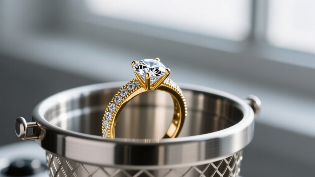 Vintage diamond ring lowered into a stainless steel ultrasonic basket, highlighting the intricate milgrain and pavé setting details