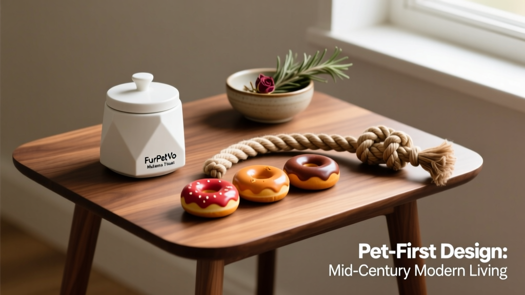 A side table styled with the FurPetVo Melamine Treat Jar, Fall Maple Donuts dog toys, and a compass rope toy—all arranged with intentional minimalism
