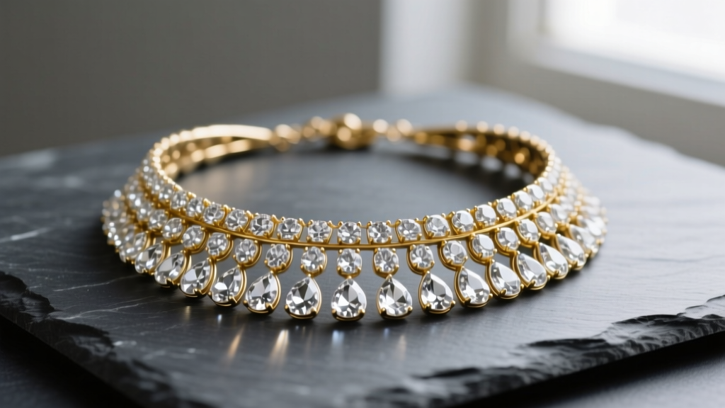 Vintage Lia Sophia gold-tone statement bib necklace with clear rhinestones resting on dark slate in soft natural light