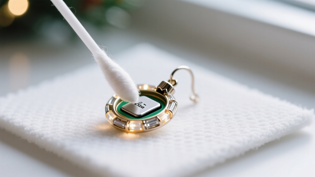 Cotton swab with isopropyl alcohol cleaning the battery compartment of a micro-LED christmas light earring on a white mat
