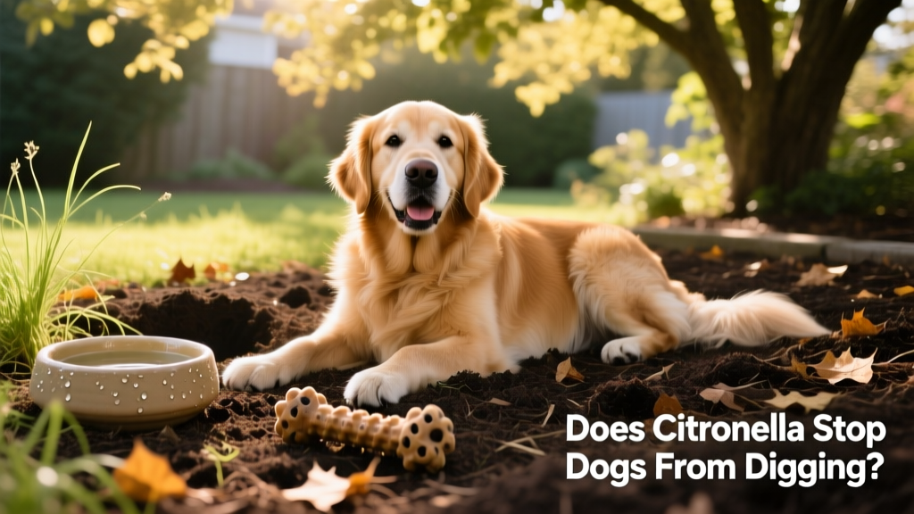 Happy dog resting in a shaded, mulched digging zone with a water bowl and chew toy nearby