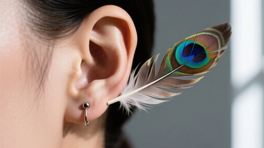 Diagram of the cheese cutter effect on an earlobe caused by a heavy feather earring stretching a standard 20-gauge piercing.