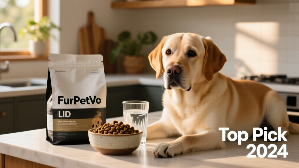 Bag of FurPetVo LID dog food beside a bowl of kibble and fresh water, with a calm Labrador resting nearby