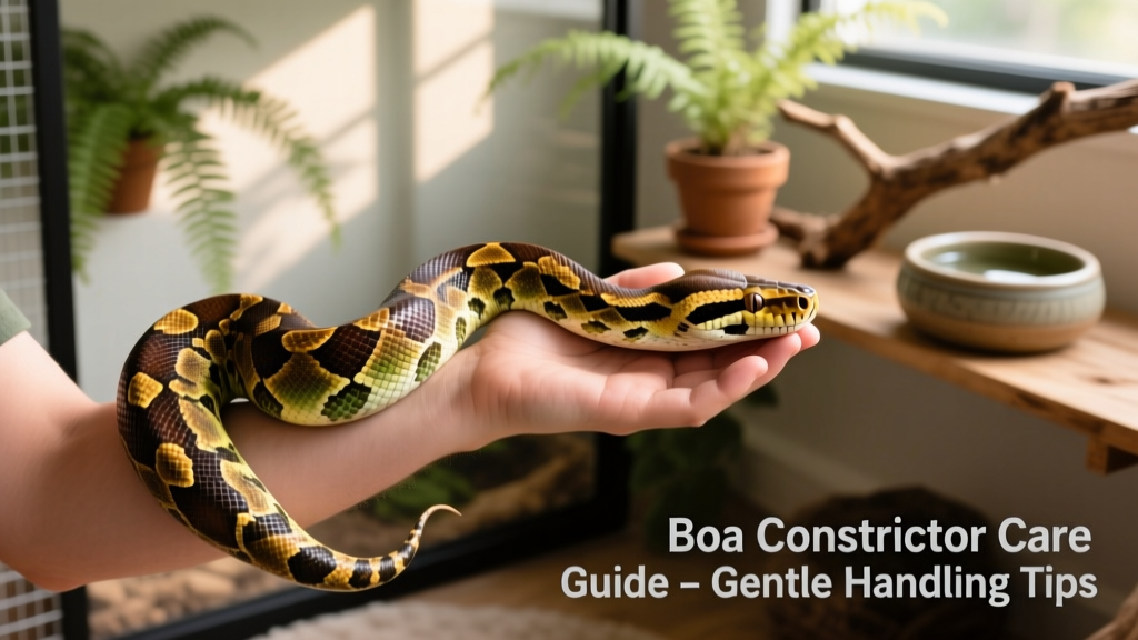 Close-up of a boa constrictor calmly resting on a handler's arm during gentle, supportive handling session