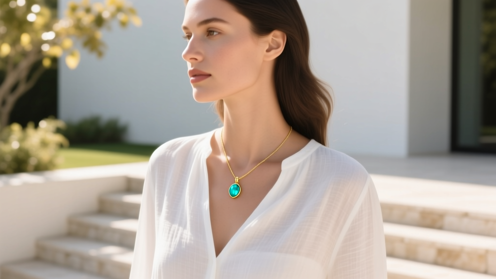 Woman wearing a 4mm turquoise chip necklace with a gold pendant over a white linen blouse in warm summer sunlight.